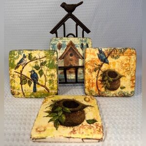 Tim Coffey Travertine Nature Coasters Set Of 4 Bluejays Birdhouse Metal Stand